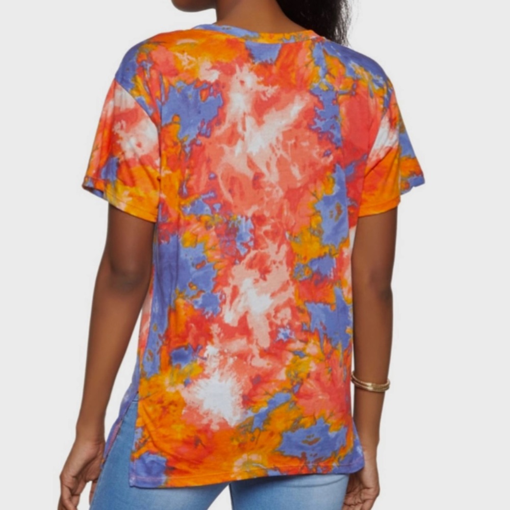 Ambiance | Women’s Shirt Blue - Red -  Orange Tie Dye Chest Pocket Basic Shirt - Picture 2 of 16